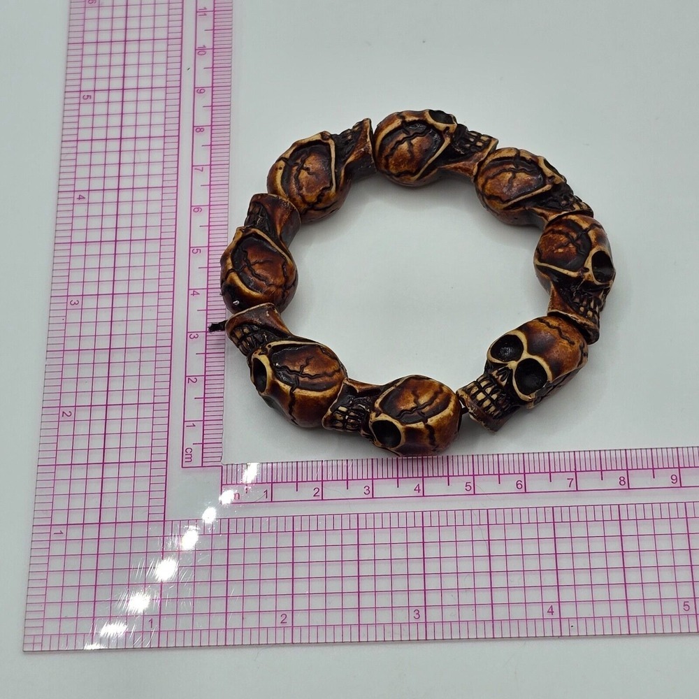 Skull Bead Bracelet Brown Resin Carved Stretch Goth Punk Biker Halloween‎ - Picture 7 of 8